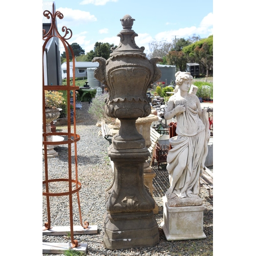 233 - Two large cast composite faux sandstone urns on pedestal, approx 228cm H each (2)