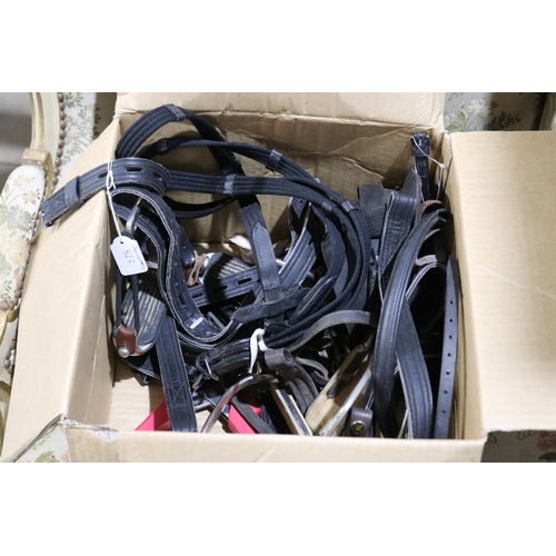 322 - Box of assorted horse gear, hole punch, stirrups leather work etc