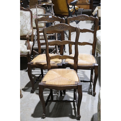 411 - Three vintage French rush seated ladder back chairs (3)