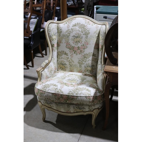 443 - Pair of French painted and gilt decorated framed wing lounge armchairs (2)