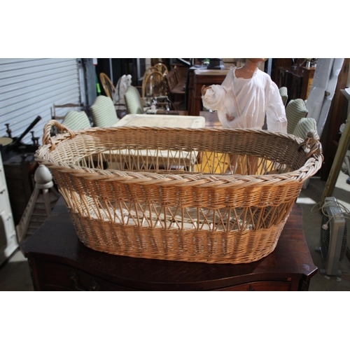 466 - Large antique French twin handled cane basket, approx 34cm H ex handles x 95cm W x 63cm D