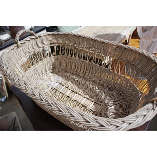 466 - Large antique French twin handled cane basket, approx 34cm H ex handles x 95cm W x 63cm D