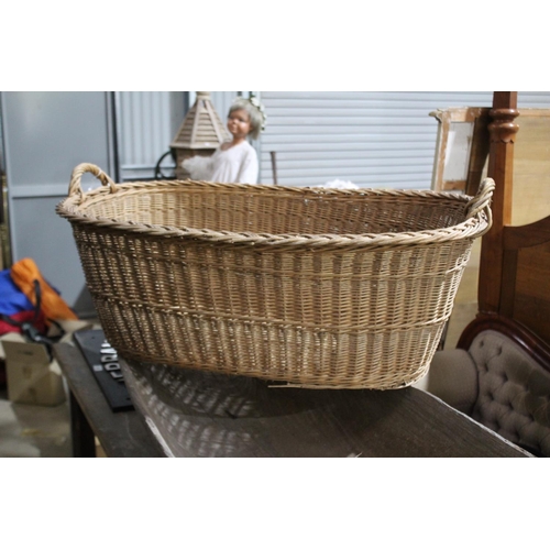 467 - Large antique French twin handled cane basket, approx 31cm H ex handles x 87cm W x 59cm D