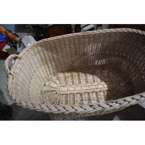 467 - Large antique French twin handled cane basket, approx 31cm H ex handles x 87cm W x 59cm D