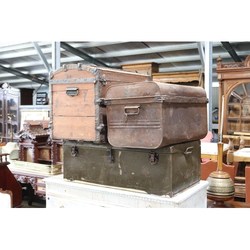 592 - Three trunks, one antique dome topped, two old tin examples, approx 54cm H and shorter (3)