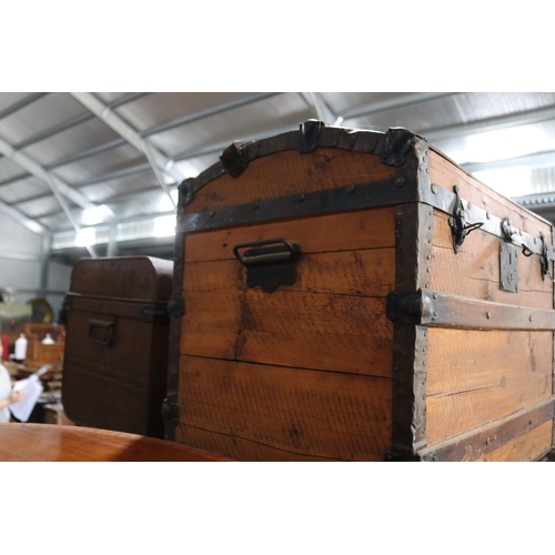 592 - Three trunks, one antique dome topped, two old tin examples, approx 54cm H and shorter (3)