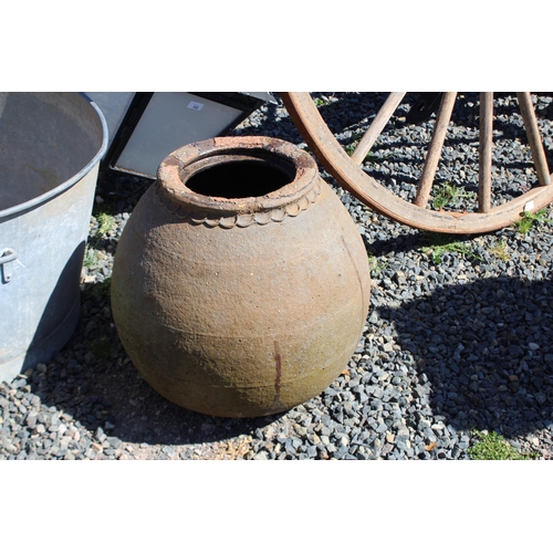 159 - Antique French ball form glazed pottery preserve pot, with thumb molded trim, approx 50cm H