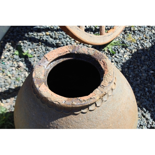 159 - Antique French ball form glazed pottery preserve pot, with thumb molded trim, approx 50cm H