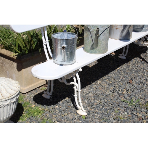 248 - Antique French cast iron support wooden plank garden bench, white painted, approx 200cm L x 81cm H