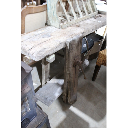 409 - Antique 19th century French rustic cabinet makers bench, approx 81cm H x 174cm W x 39cm D