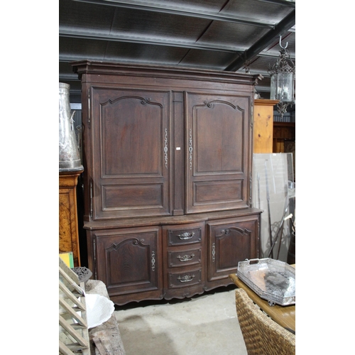 420 - Large antique French Louis XV style two height oak dresser, approx 240cm H X 184cm W X 63cm D
