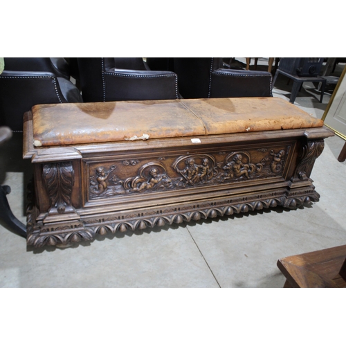 448 - Antique 19th century French carved walnut coffer, with later leather upholstered top bench seat, app... 