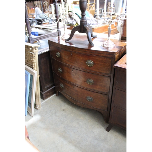 456 - Antique Regency mahogany three drawer bow front chest, approx 89cm H x 91cm W x 48cm D