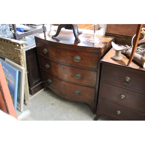 456 - Antique Regency mahogany three drawer bow front chest, approx 89cm H x 91cm W x 48cm D