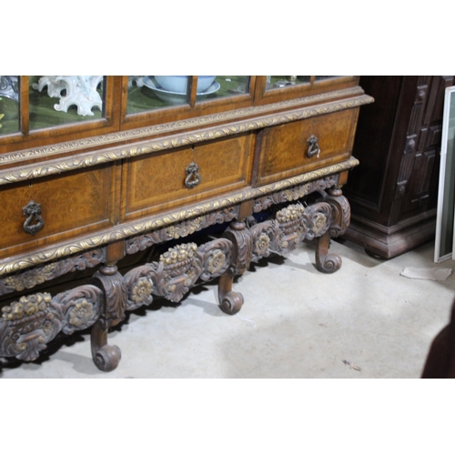 461 - Early 20th century George I style parcel gilt walnut display cabinet, approx 148cm H x 148cm W x 44c... 