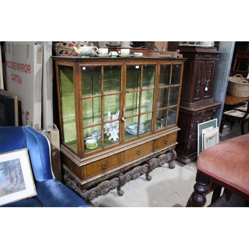 461 - Early 20th century George I style parcel gilt walnut display cabinet, approx 148cm H x 148cm W x 44c... 