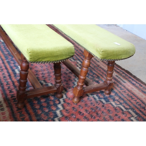482 - Pair of French turned leg long bench stools, each with upholstered tops, each approx 45cm H x 173cm ... 