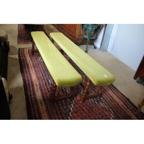 482 - Pair of French turned leg long bench stools, each with upholstered tops, each approx 45cm H x 173cm ... 