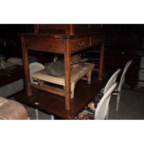 496 - Antique English oak two drawer school desk, brass drop bale handles, approx 77cm H x 106cm W x 68cm ... 