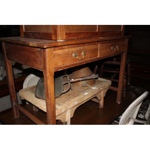 496 - Antique English oak two drawer school desk, brass drop bale handles, approx 77cm H x 106cm W x 68cm ... 