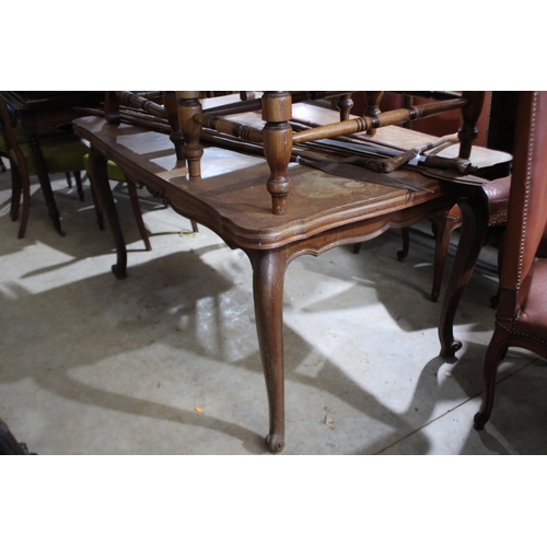 498 - Vintage French Louis XV style oak parquetry topped drawer leaf dining table, approx 76cm H x 150cm W... 