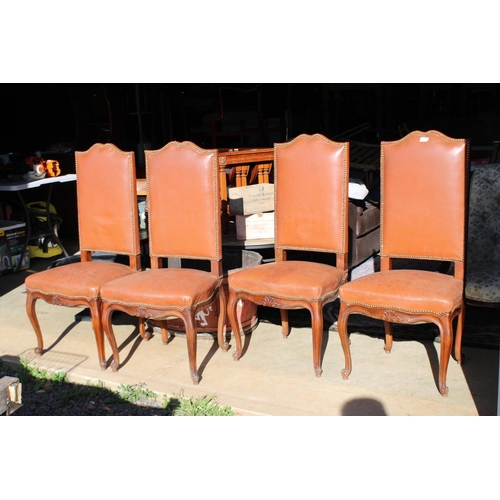 490 - Set of four antique French high back dining chairs, with brown leather upholstery (4)