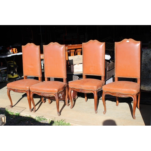 490 - Set of four antique French high back dining chairs, with brown leather upholstery (4)