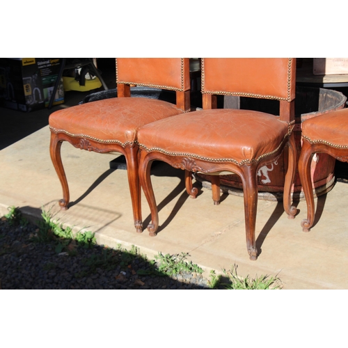 490 - Set of four antique French high back dining chairs, with brown leather upholstery (4)