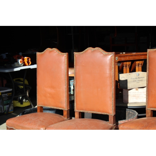 490 - Set of four antique French high back dining chairs, with brown leather upholstery (4)