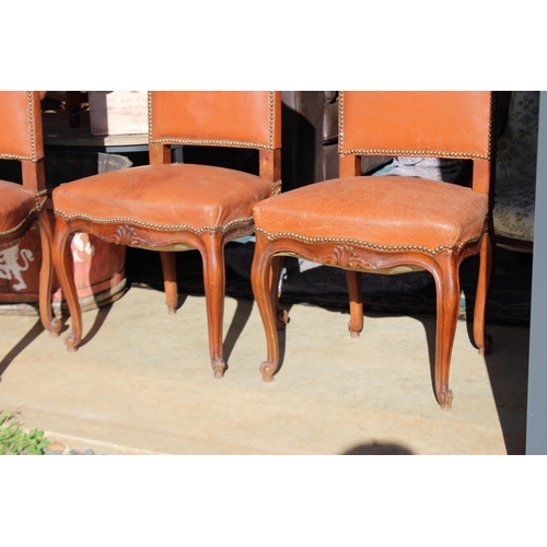 490 - Set of four antique French high back dining chairs, with brown leather upholstery (4)