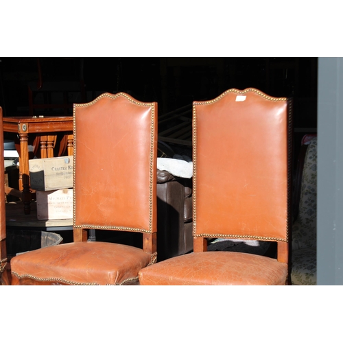 490 - Set of four antique French high back dining chairs, with brown leather upholstery (4)