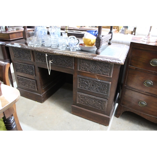 501 - Antique French carved oak twin pedestal desk, Renaissance revival style, inset top writing surface, ... 