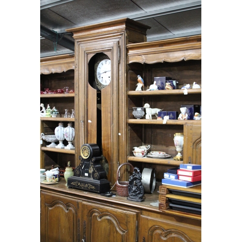 511 - Antique French oak Vaisselier buffet with central comtoise clock, untested, enamel dial signed R Jun... 