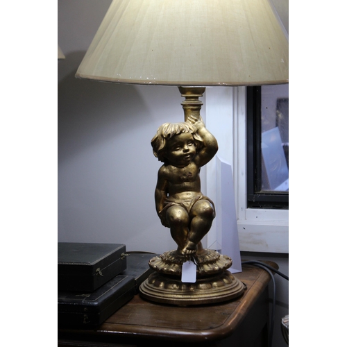 550 - Antique Italian or French carved giltwood seated nude putti lamp, approx 72cm H