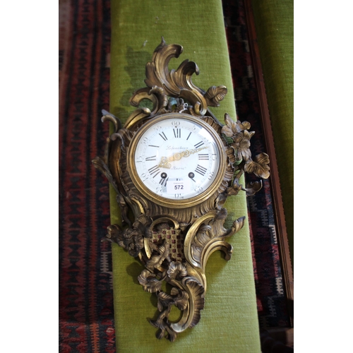 572 - Antique French ormolu brass cartel clock, dial Lefaucheux Paris, approx 55cm H x 34cm W