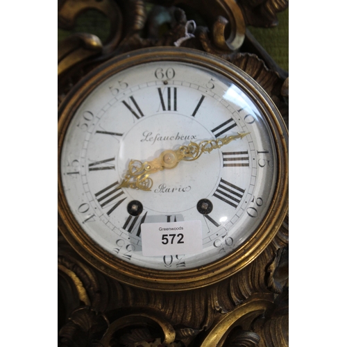 572 - Antique French ormolu brass cartel clock, dial Lefaucheux Paris, approx 55cm H x 34cm W