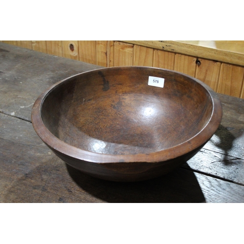 578 - Large antique English turned wood bowl, likely elm, approx 38cm Dia and 13.5cm H