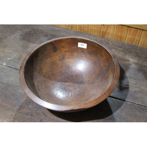 578 - Large antique English turned wood bowl, likely elm, approx 38cm Dia and 13.5cm H