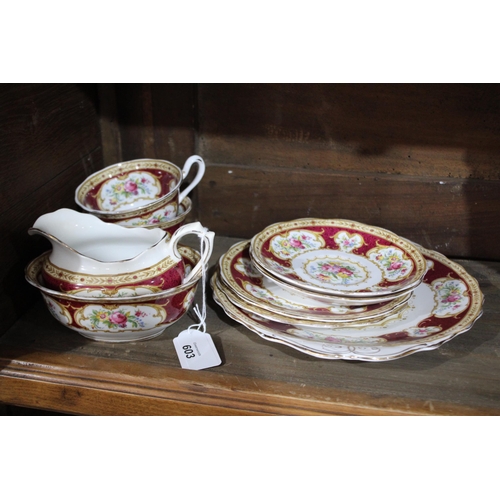 603 - Royal Albert Lady Hamilton tea for two to include Cups, saucers, plates, cake plate, sugar and cream... 