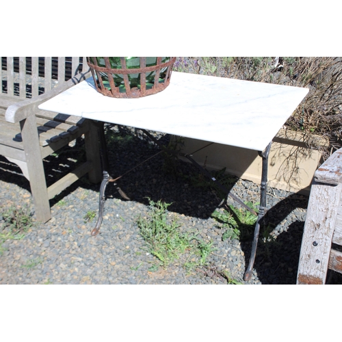 251 - Antique French marble topped patio or garden table, cast iron base, 100 cm wide x 59 cm depth x 70 c... 