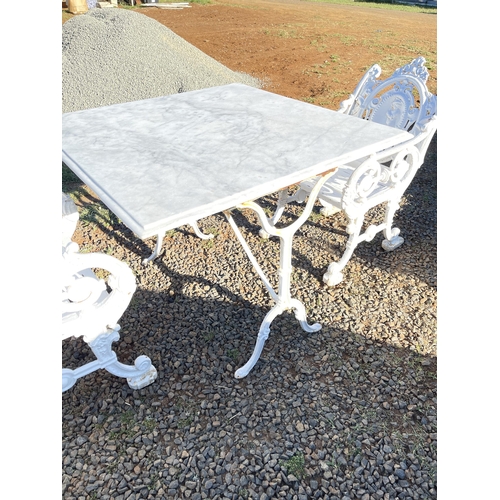 205 - Antique marble topped iron based patio or garden table, approx 94cm Sq x 73cm H