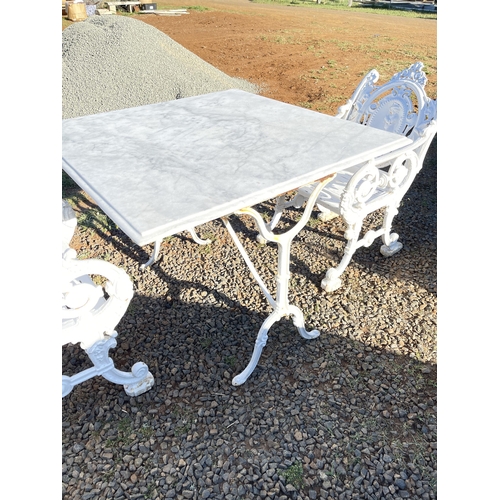 205 - Antique marble topped iron based patio or garden table, approx 94cm Sq x 73cm H