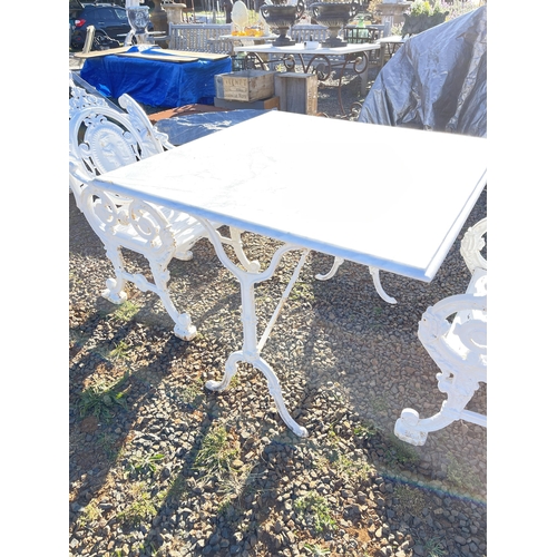 205 - Antique marble topped iron based patio or garden table, approx 94cm Sq x 73cm H