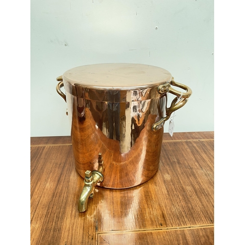 342A - Late 19th century copper and brass stock pot, of cylindrical form, both body and lid fitted with a p... 