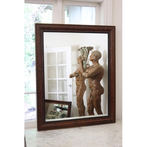 1003 - Antique style figured yew wood and inlaid framed mirror, ebonized inner slip, approx 105cm H x 85cm ... 