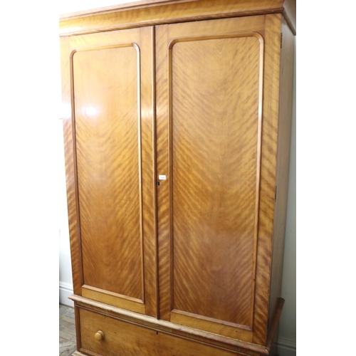1008 - Antique satinwood two door robe, with single long drawer below, approx 220cm H x 138cm W x 61cm D