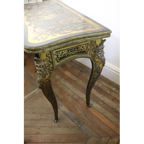 1009 - Antique French Napoleon III Boulle fold over card table, approx 75cm H x 81cm W x 42cm D (folded)