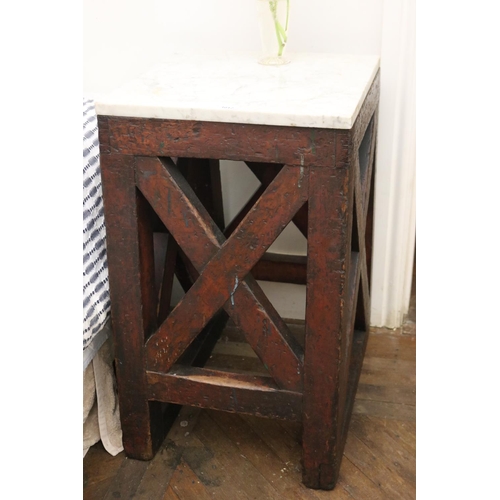 1012 - Unique rustic marble topped tapering shape table, with X framed sides, approx 86cm H x 44cm W x 46cm... 