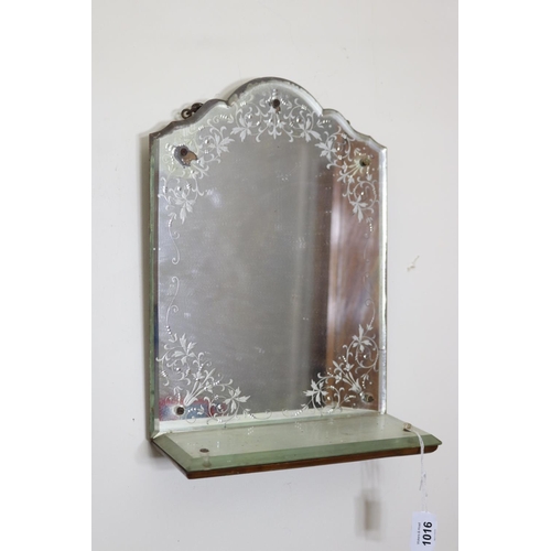 1016 - Antique Art Deco period mirrored wall shelf unit, with reverse etched scrolling decoration, approx 3... 
