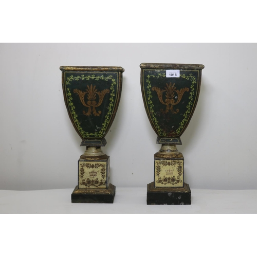 1018 - Two antique toleware square tapering shape urns, each approx 42cm H x 18cm Sq (2)
